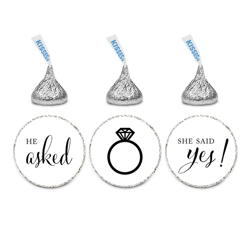 Andaz Press Chocolate Drop Labels Stickers, Wedding He Asked She Said Yes!, White, 216-Pack, for Bridal Shower Engagement Kisses Party Favors Decor - Image 1